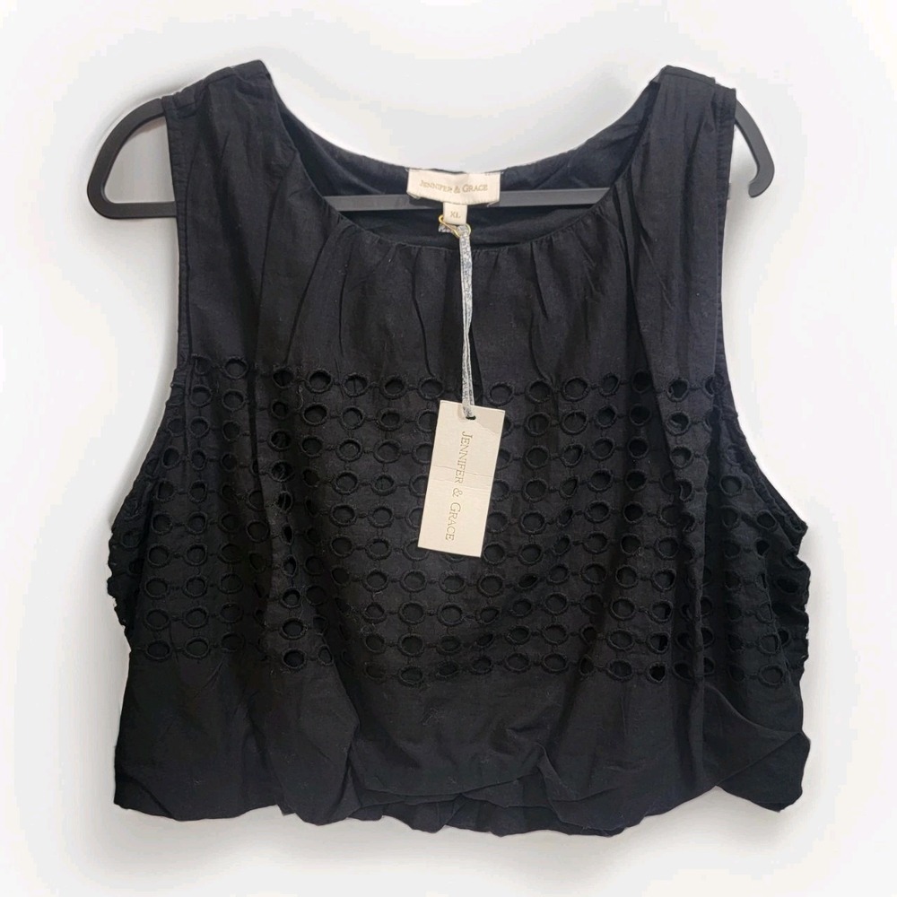 NWT Jennifer & Grace Wom XL Black Eyelet Bubble Hem Romantic Top